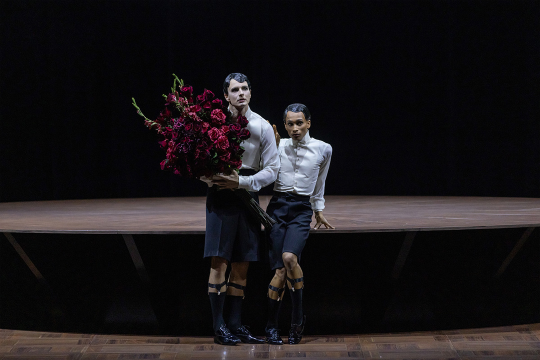 Jan Casier with Leroy Mokgatle in *«Nachtträume* by Marcos Morau, Ballett Zürich; photo: Gregory Batardon