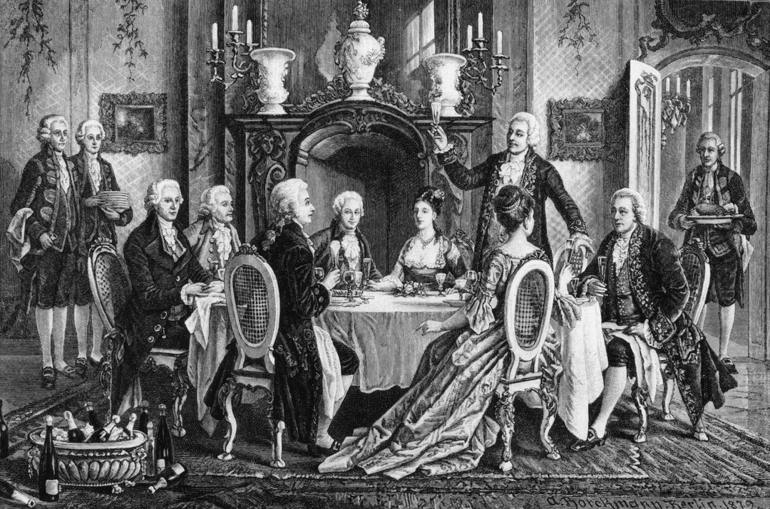 Eine Festtafel zu Ehren Mozart's bei Schikaneder (v.li. Haydn, Albrechtsberger, Mozart, Salieri, Signora Cavalieri, Schikaneder, Mme. Lange, Gluck). - Holzstich nach einem Gemälde von August Borckmann (1827-1890).