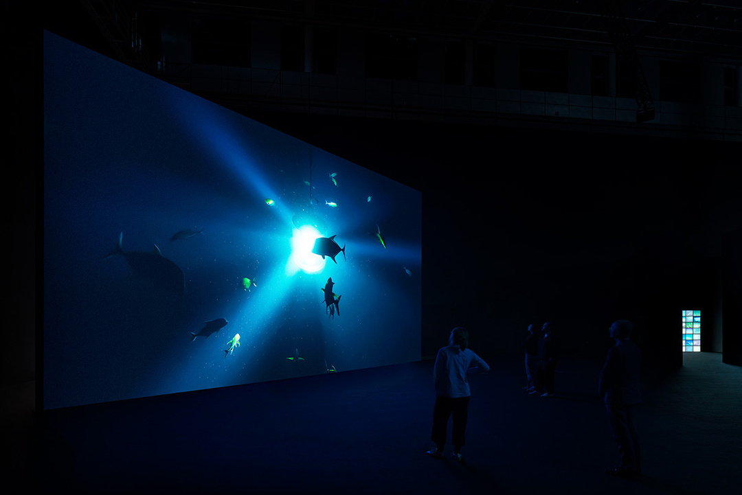 Exhibition view of *Midnight Zone* by Julian Charrière, Kunstmuseum Wolfsburg (14 March – 12 July 2026) Julian Charrière, *Midnight Zone*, 2024, 1- channel video (4K), 16:10 aspect ratio, color, 3D ambisonic soundscape, 56 min., © the artist / VG Bild-Kunst, Bonn 2026, Photo: Jens Ziehe