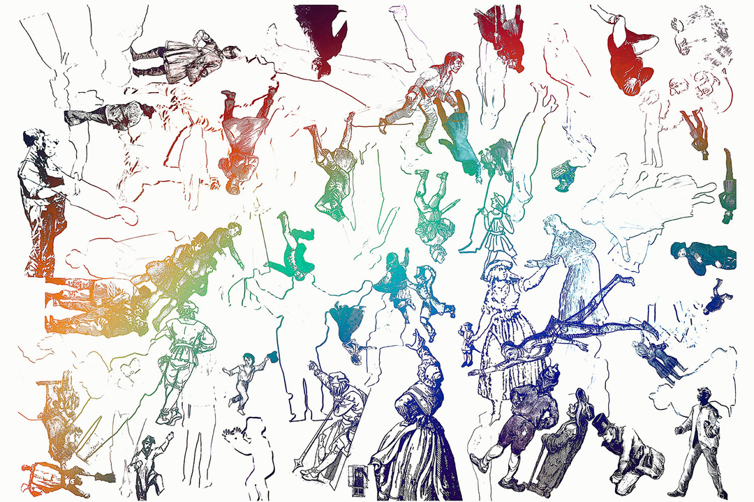 *Deeds*, printing plates on a walkable object and monoprint, 200 × 300 × 40 cm, 2026; left: “Ephemera”, 2022–23, pencil on Japanese paper, 100 × 1000 cm, exhibition view, Fiminco Foundation 2023; photo and background: Andreas B. Krueger