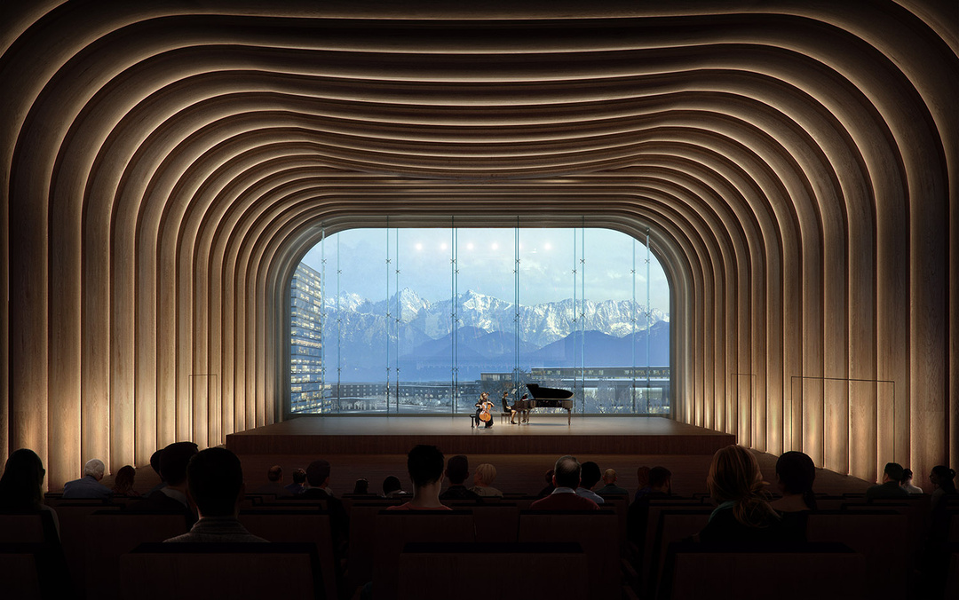 Konzerthaus München, Großer Saal: Dieser Wettbewerbsentwurf zeigt die Idee der Verbindung von innen nach außen. Hier hatte aber die Konkurrenz mehr Erfolg. Grafik: pfp planungs gmbh