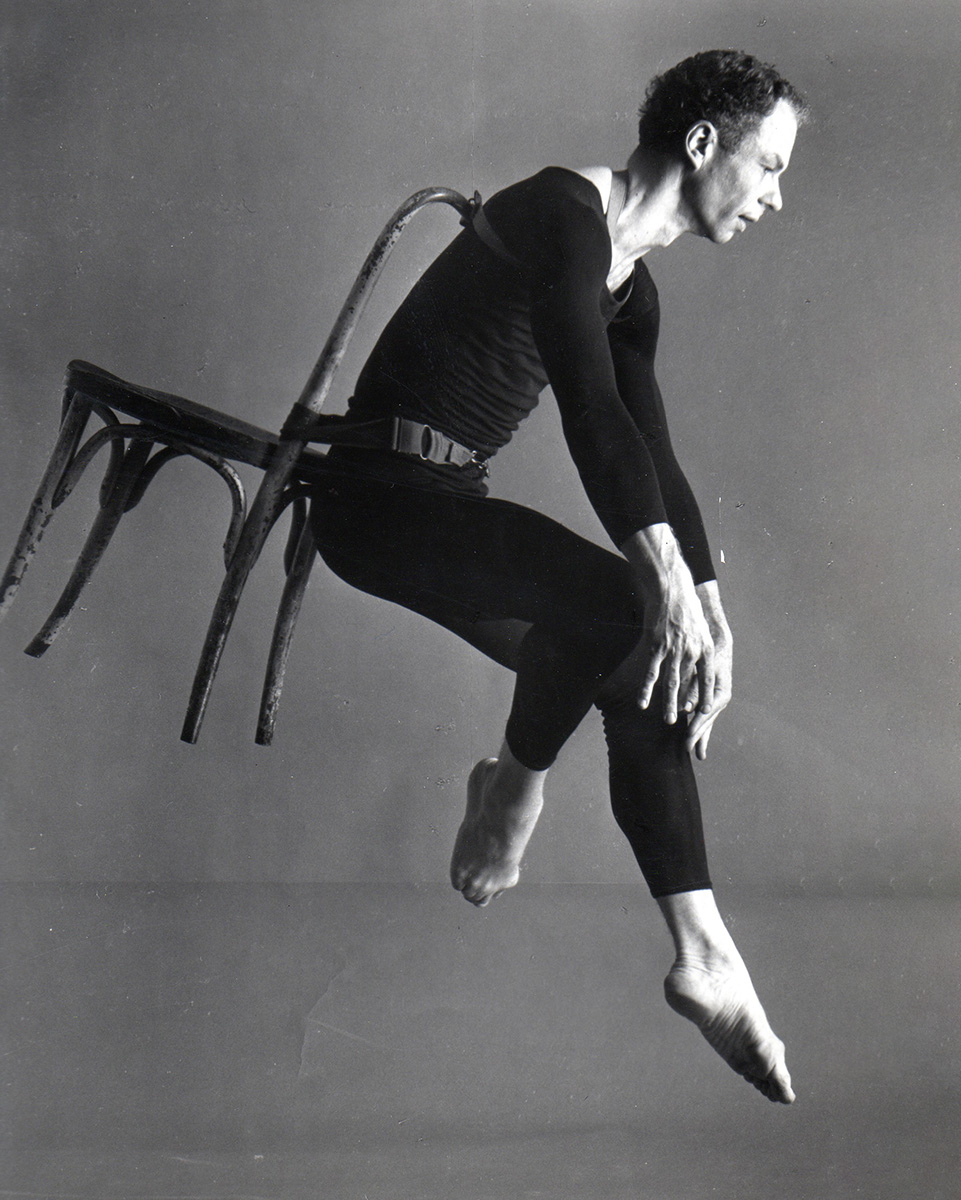 Merce Cunningham in *Antic Meet*, 1958, from the exhibition *Five Friends. John Cage, Merce Cunningham, Jasper Johns, Robert Rauschenberg, Cy Twombly*, Museum Brandhorst, Munich, 2025; photo: Richard Rutledge, 1958. © Courtesy of the Merce Cunningham Trust and the Jerome Robbins Dance Division, The New York Public Library
