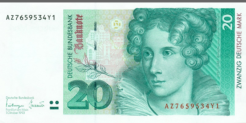 Annette von Droste-Hülshoff auf dem 20 Mark Schein.